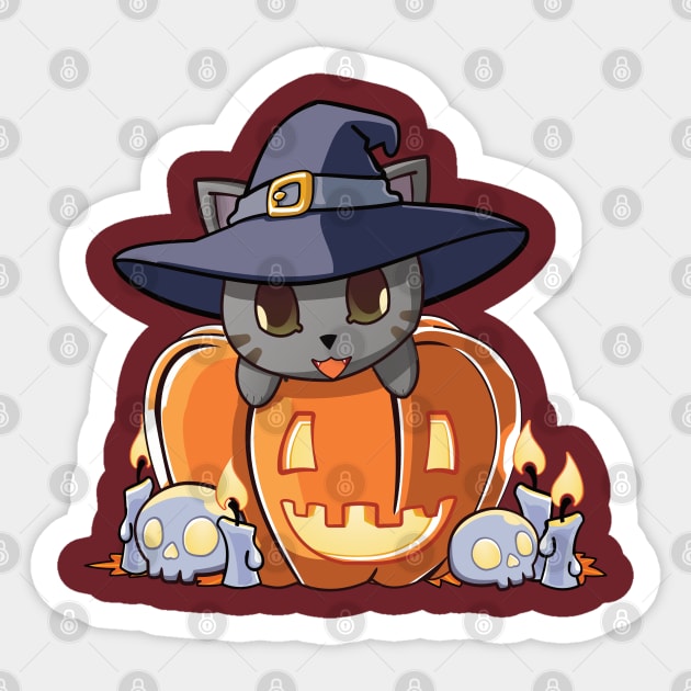 Grey cat in a pumpkin Sticker by Myanko